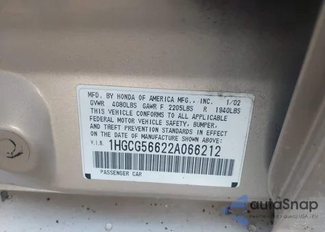 2002 Honda Accord 2.3 Ex from USA, damaged, VIN 1HGCG56622A066212